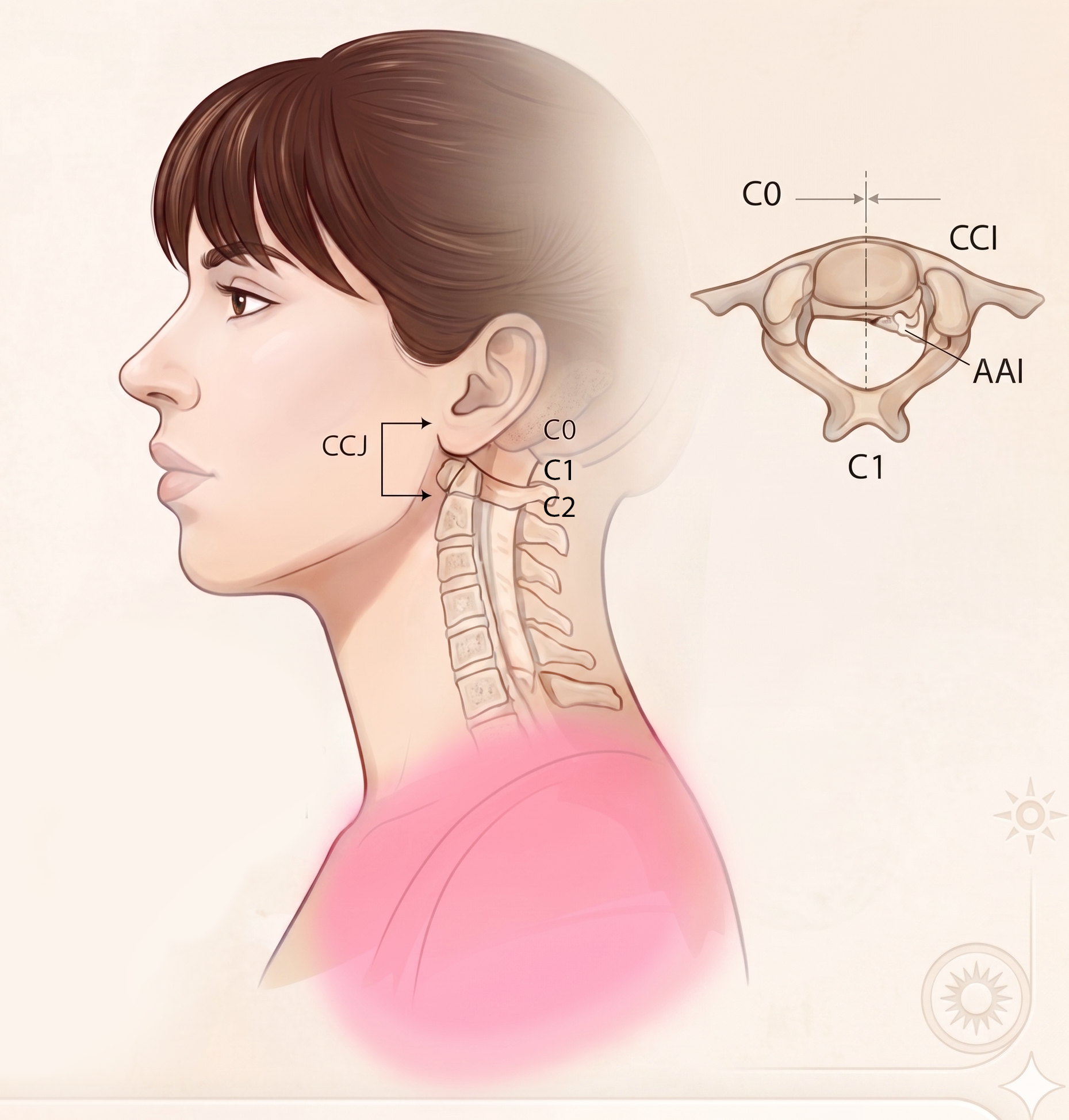 Ilustração médica da junção craniocervical — C0, C1, C2, CCI e AAI